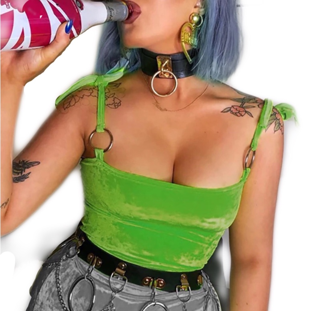 💚 velvet felt green tie lace crop top tank 💚